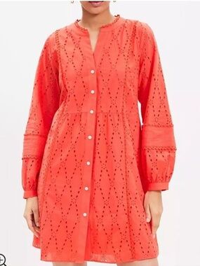 LOFT Coral Eyelet Button-Front Dress with Scalloped Neckline